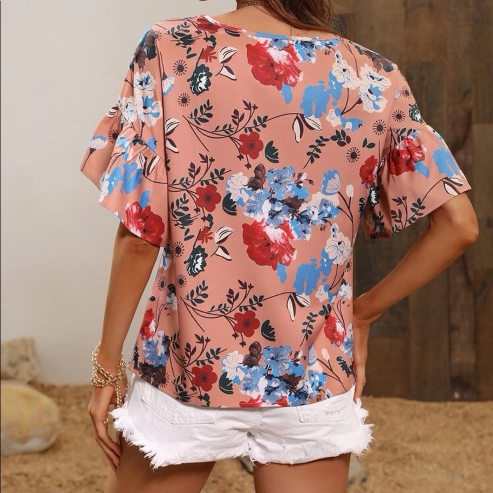 Floral Print Flounce Sleeve Blouse - Picture 2 of 7